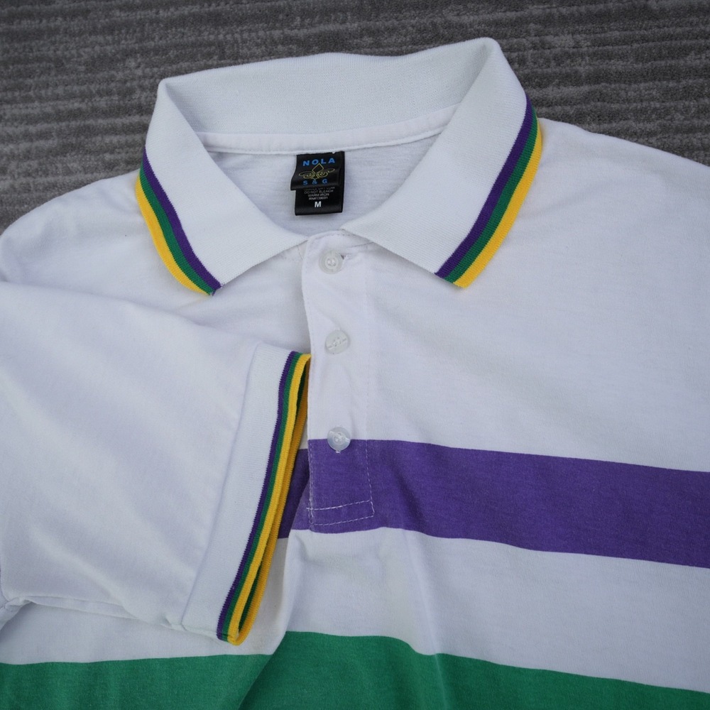 Nola S&G Polo Shirt Men Mardi Gras Short Sleeve White Purple Green Medium